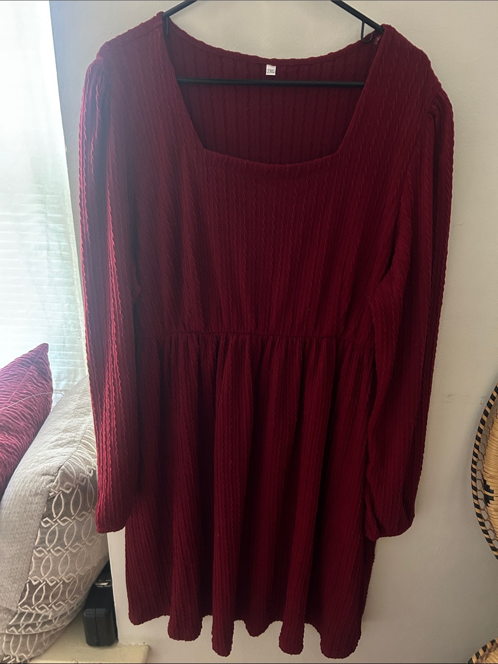 SHEIN Burgundy Long Sleeve Square Neck Smocked Waist Dress